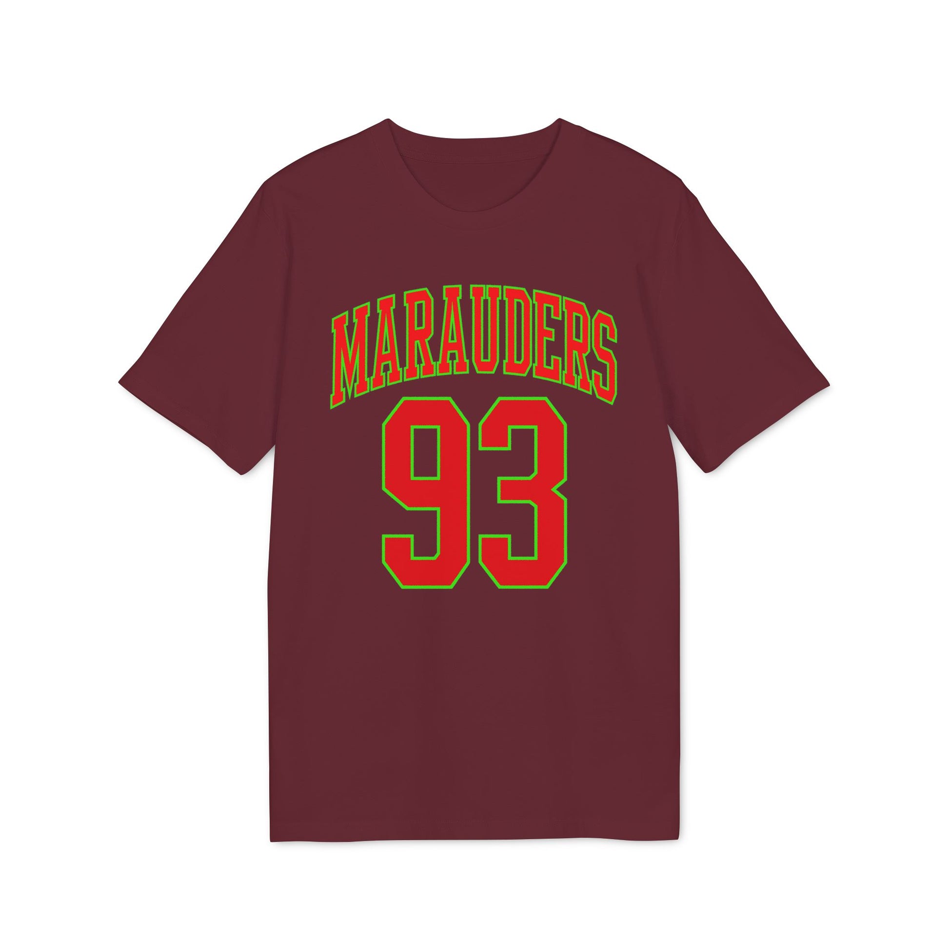 Maroon t-shirt with "Marauders 93" in red and green lettering.