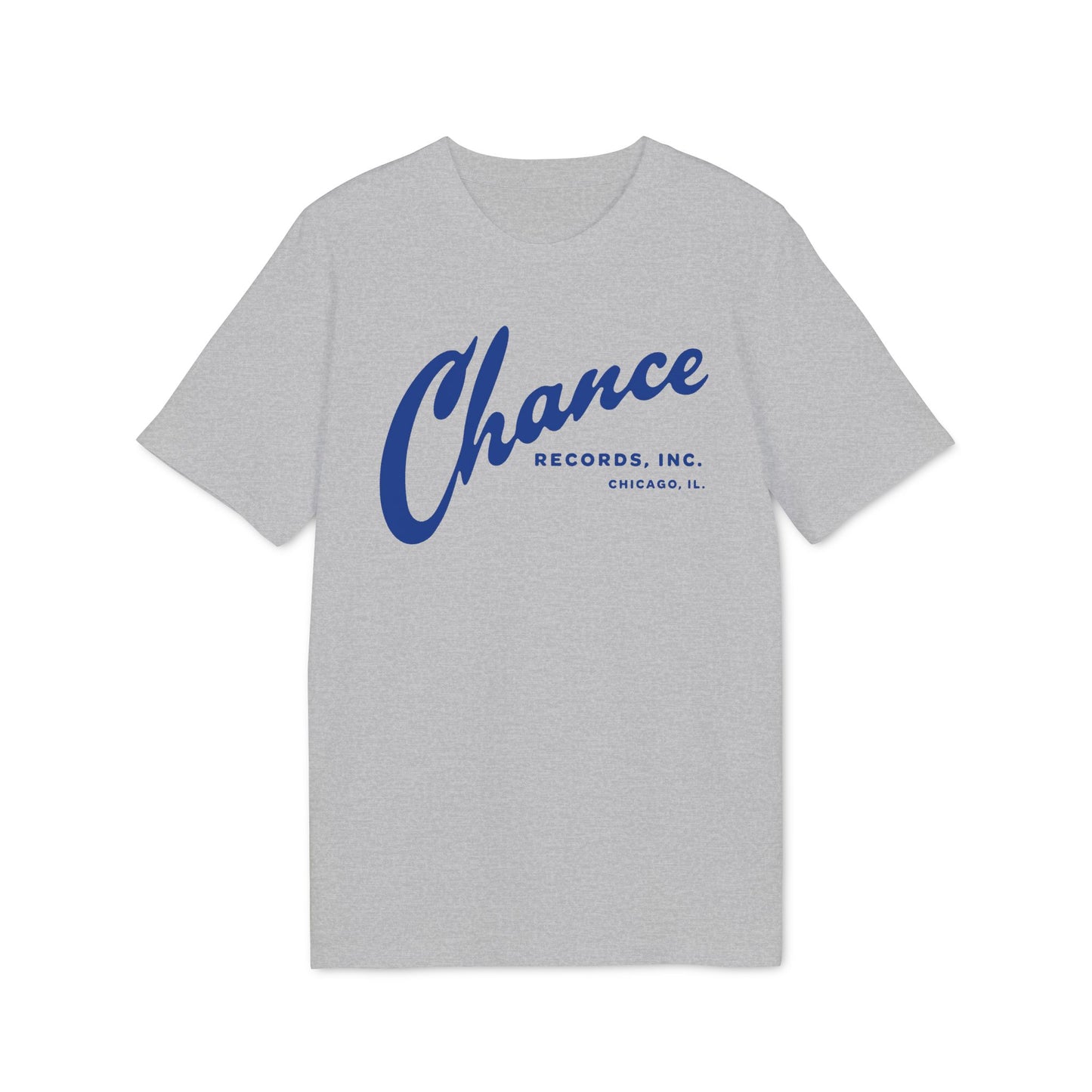 Grey t-shirt with blue "Chance Records, Inc. Chicago, IL." text logo.