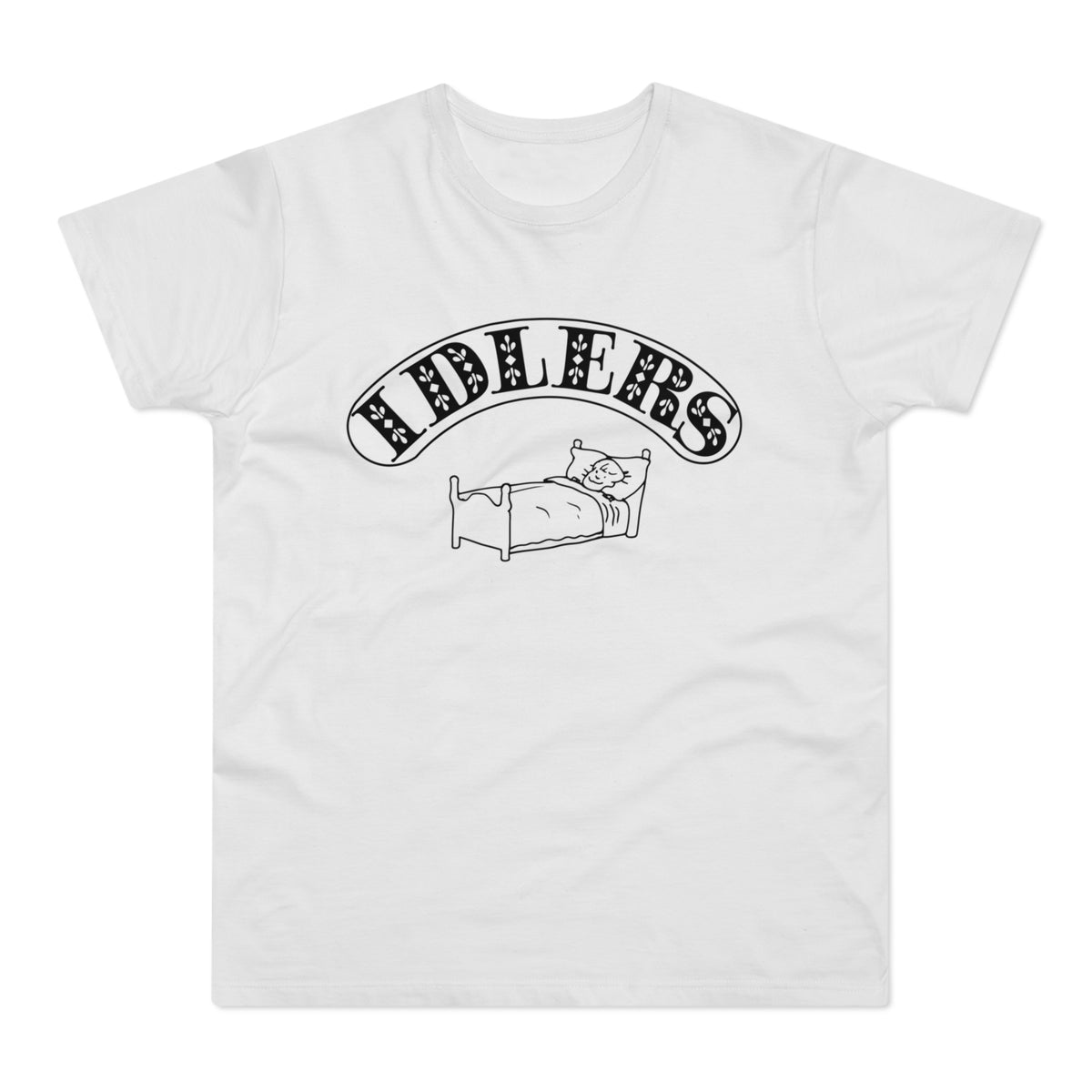 White t-shirt with a black graphic of a smiling cat in bed under the word "FIDDLERS".