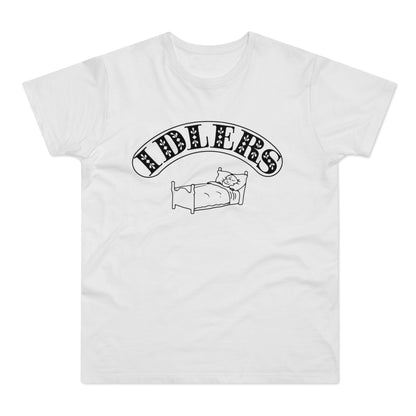 White t-shirt with a black graphic of a smiling cat in bed under the word "FIDDLERS".