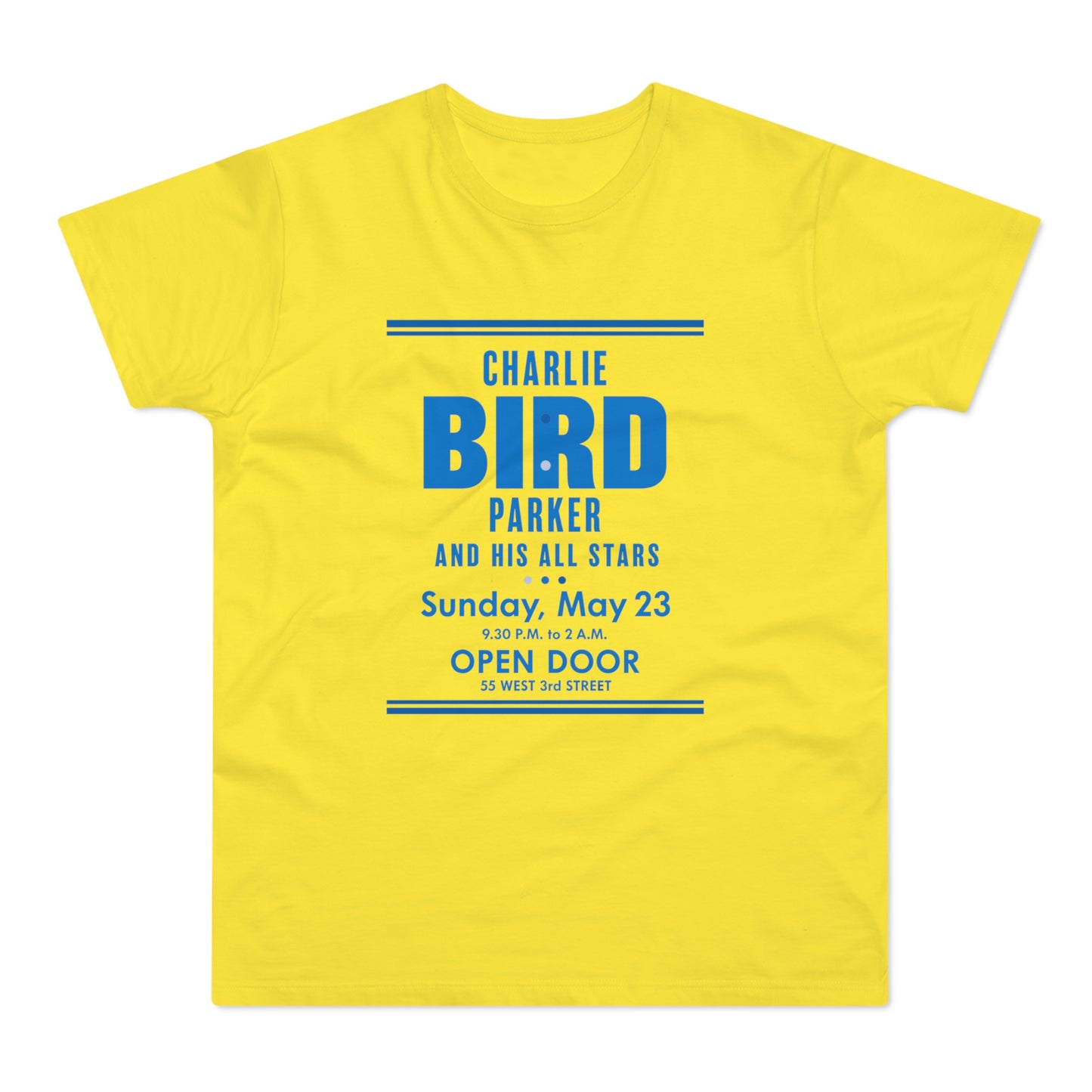 Yellow t-shirt with text for Charlie Parker and His All Stars concert on May 23.