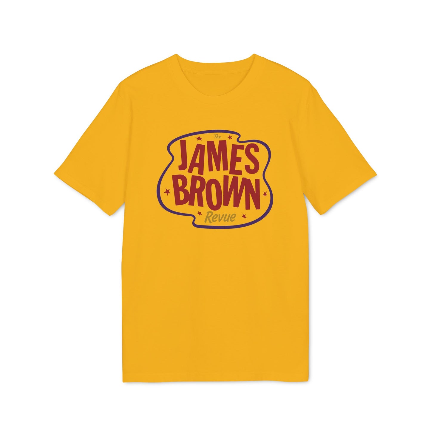 Yellow t-shirt with "The James Brown Revue" graphic on the front.