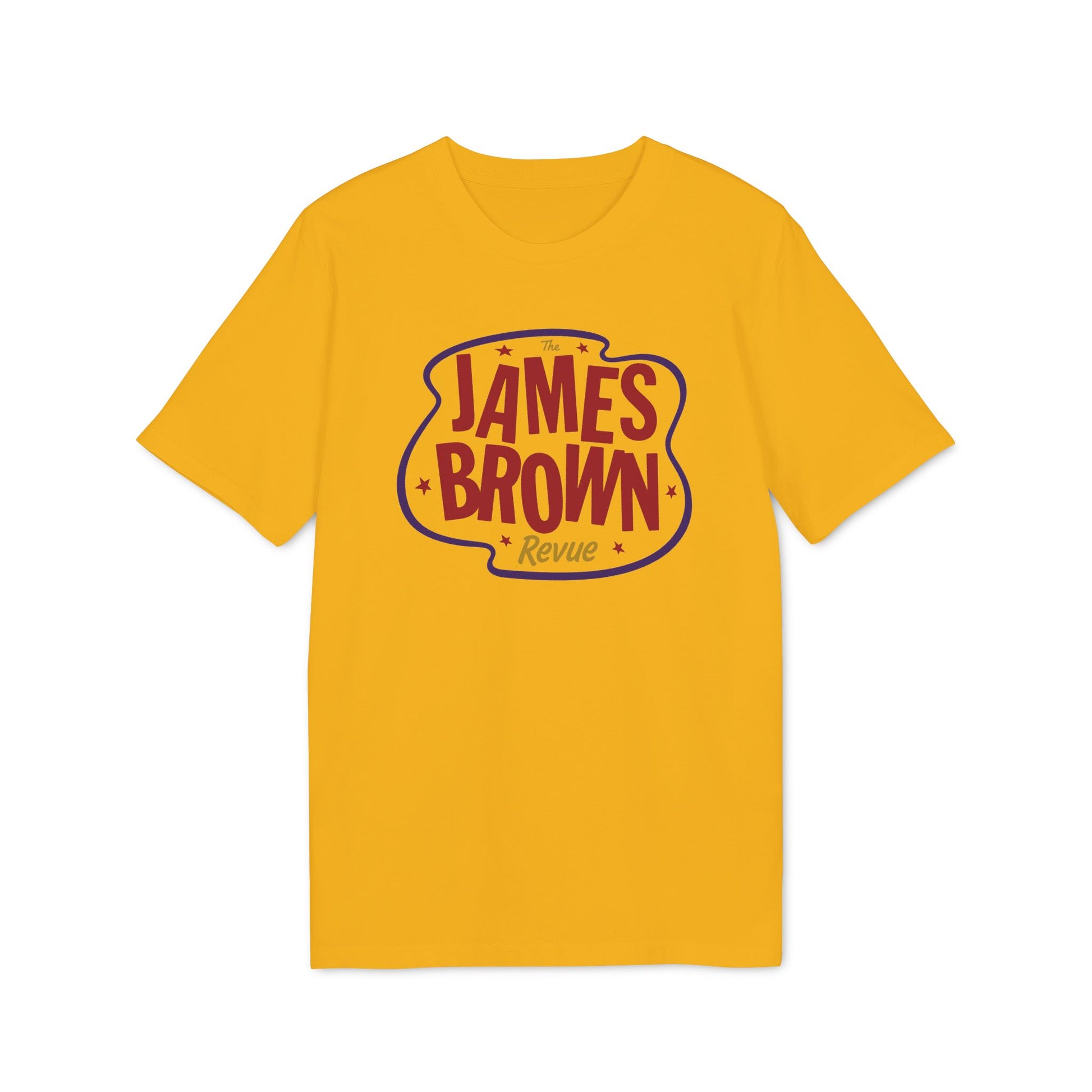 Yellow t-shirt with "The James Brown Revue" graphic on the front.