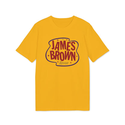 Yellow t-shirt with "The James Brown Revue" graphic on the front.