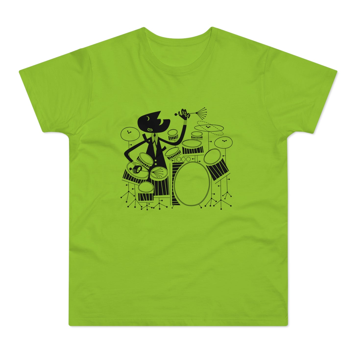 Black caricature drummer playing a drum set on a bright green t-shirt.