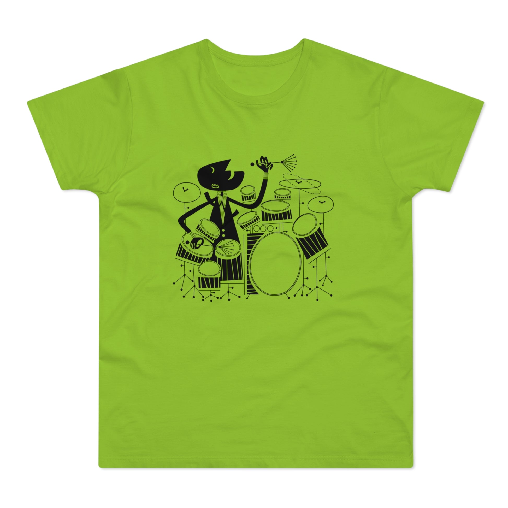 Black caricature drummer playing a drum set on a bright green t-shirt.