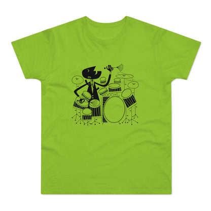 Black caricature drummer playing a drum set on a bright green t-shirt.