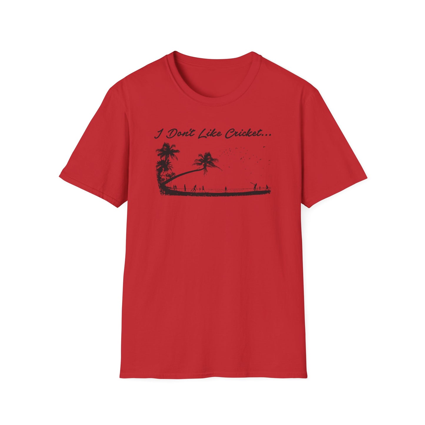 Red t-shirt with black graphic of palm trees and people on a beach, text "I Don't Like Cricket...".