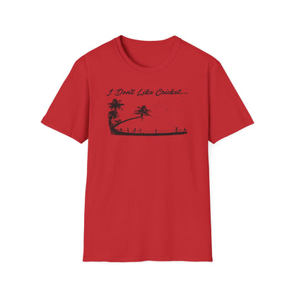 Red t-shirt with black graphic of palm trees and people on a beach, text "I Don't Like Cricket...".
