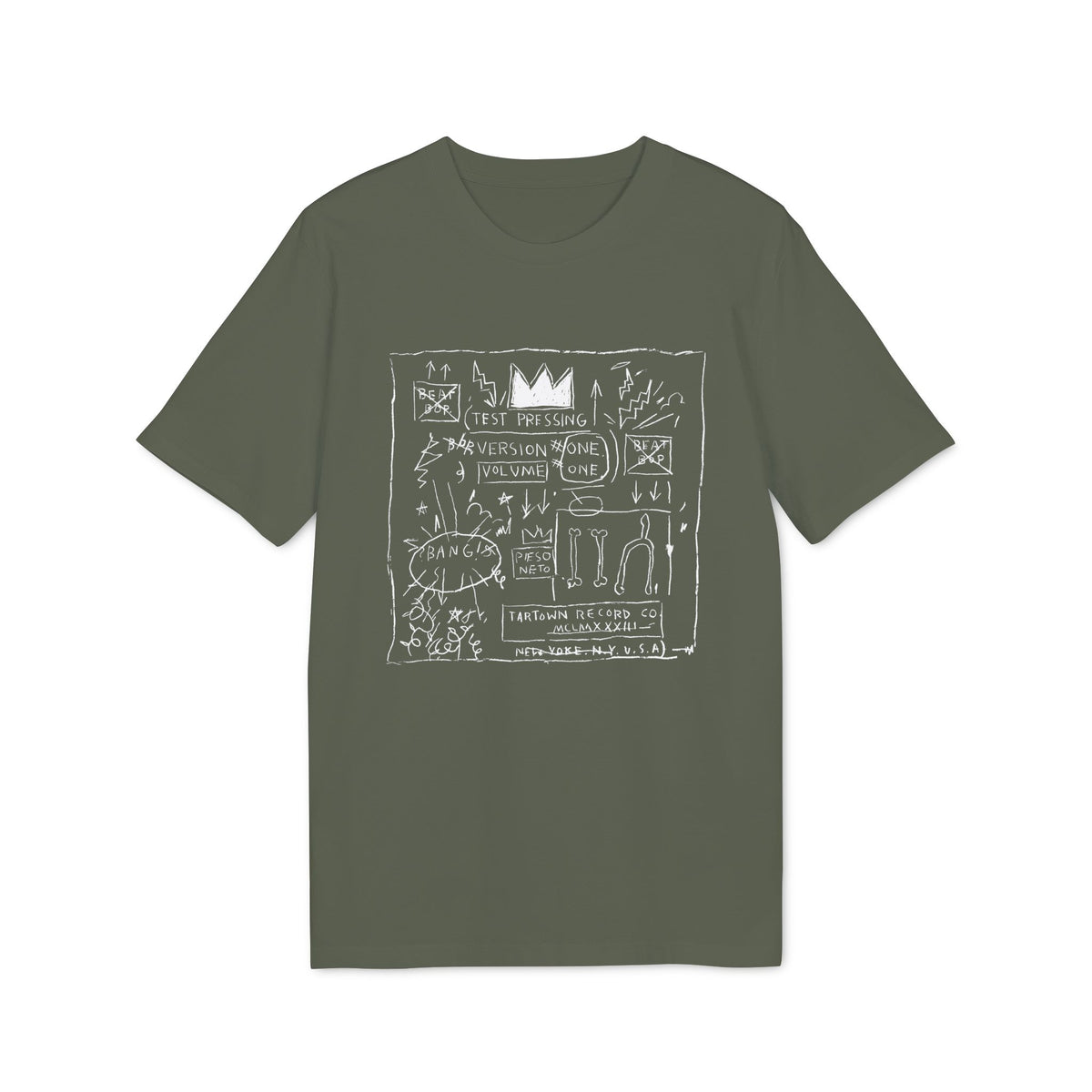Olive green short-sleeved t-shirt featuring a white graphic print with graffiti-style text and sketches.