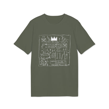 Olive green short-sleeved t-shirt featuring a white graphic print with graffiti-style text and sketches.