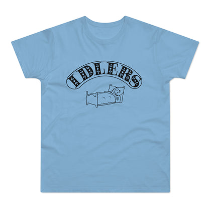 Light blue t-shirt with "FIDDLERS" text above a drawing of a cat in bed.