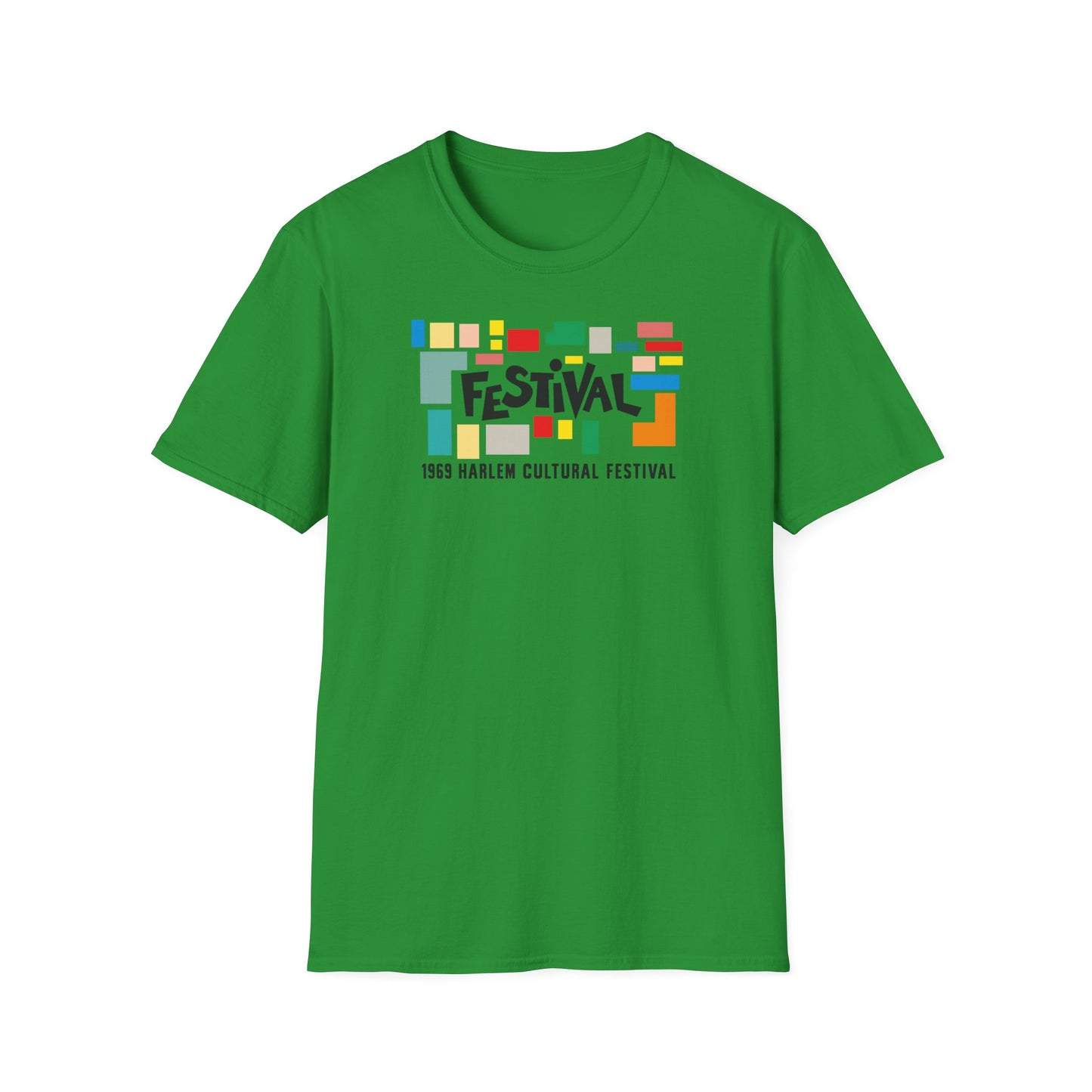 Green t-shirt with colorful "FESTIVAL 1969 HARLEM CULTURAL FESTIVAL" text graphic.