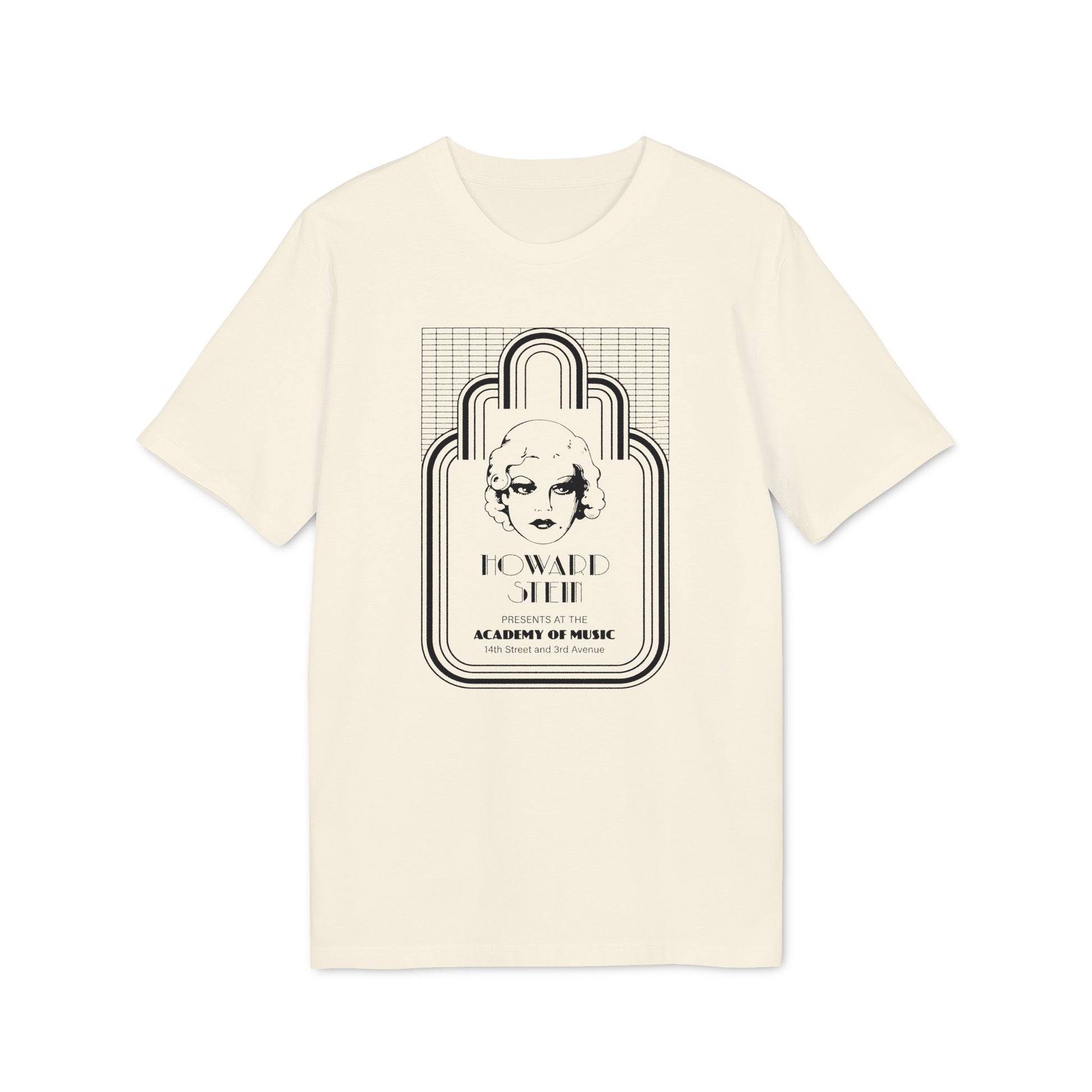 Cream t-shirt with black print of art deco design featuring a woman's face and text.