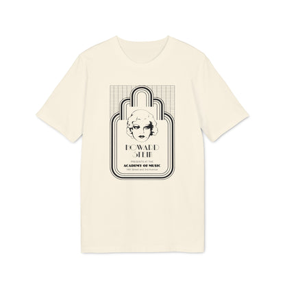 Cream t-shirt with black print of art deco design featuring a woman's face and text.