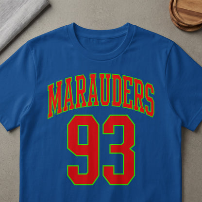 Blue t-shirt with red and green "Marauders 93" text design.