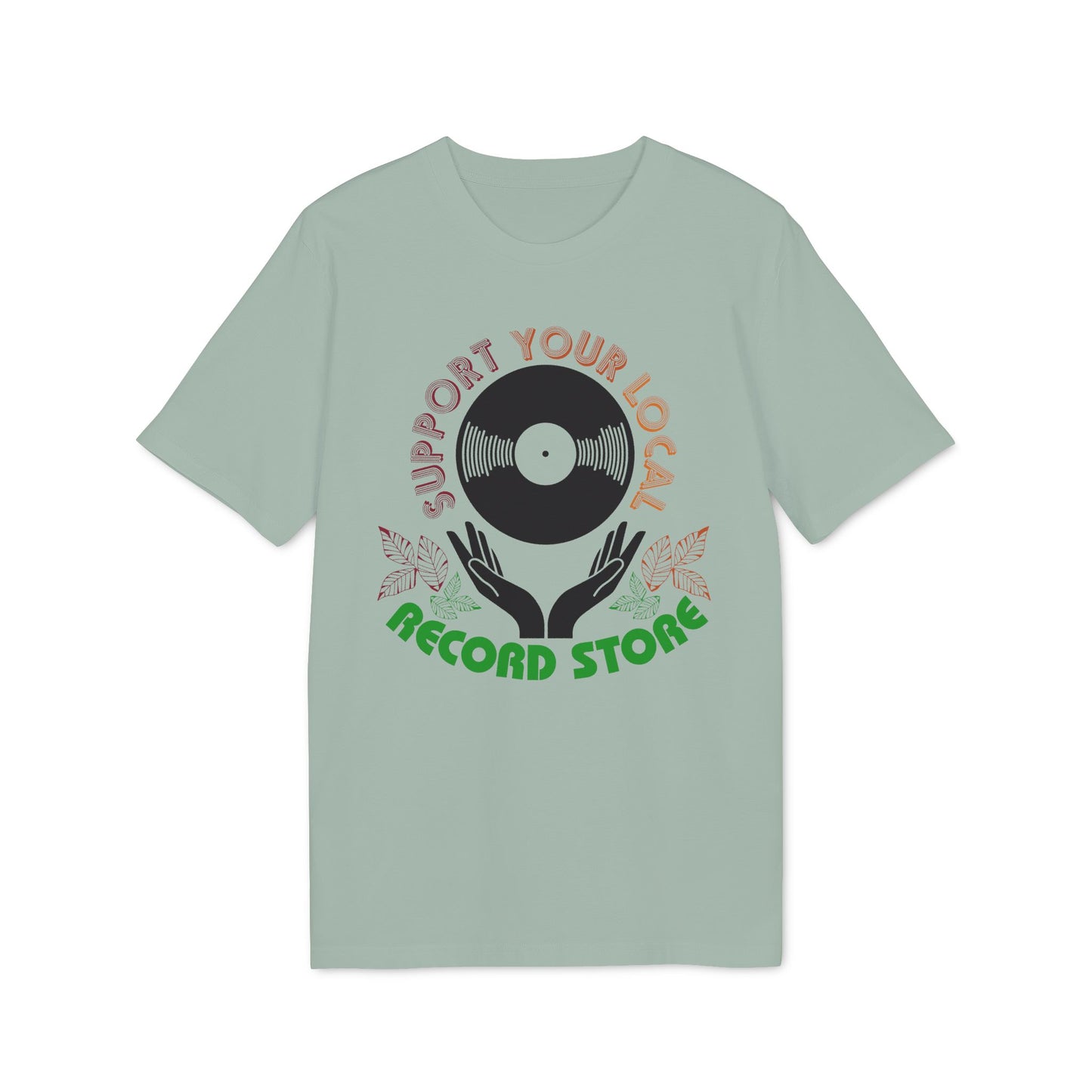 Light green t-shirt with vintage record and hands graphic and text.