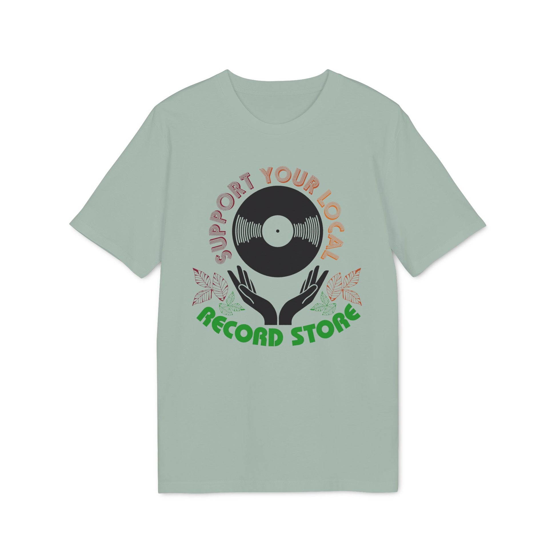 Light green t-shirt with vintage record and hands graphic and text.