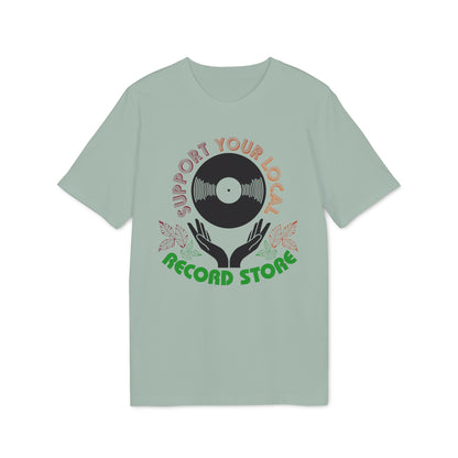 Light green t-shirt with vintage record and hands graphic and text.