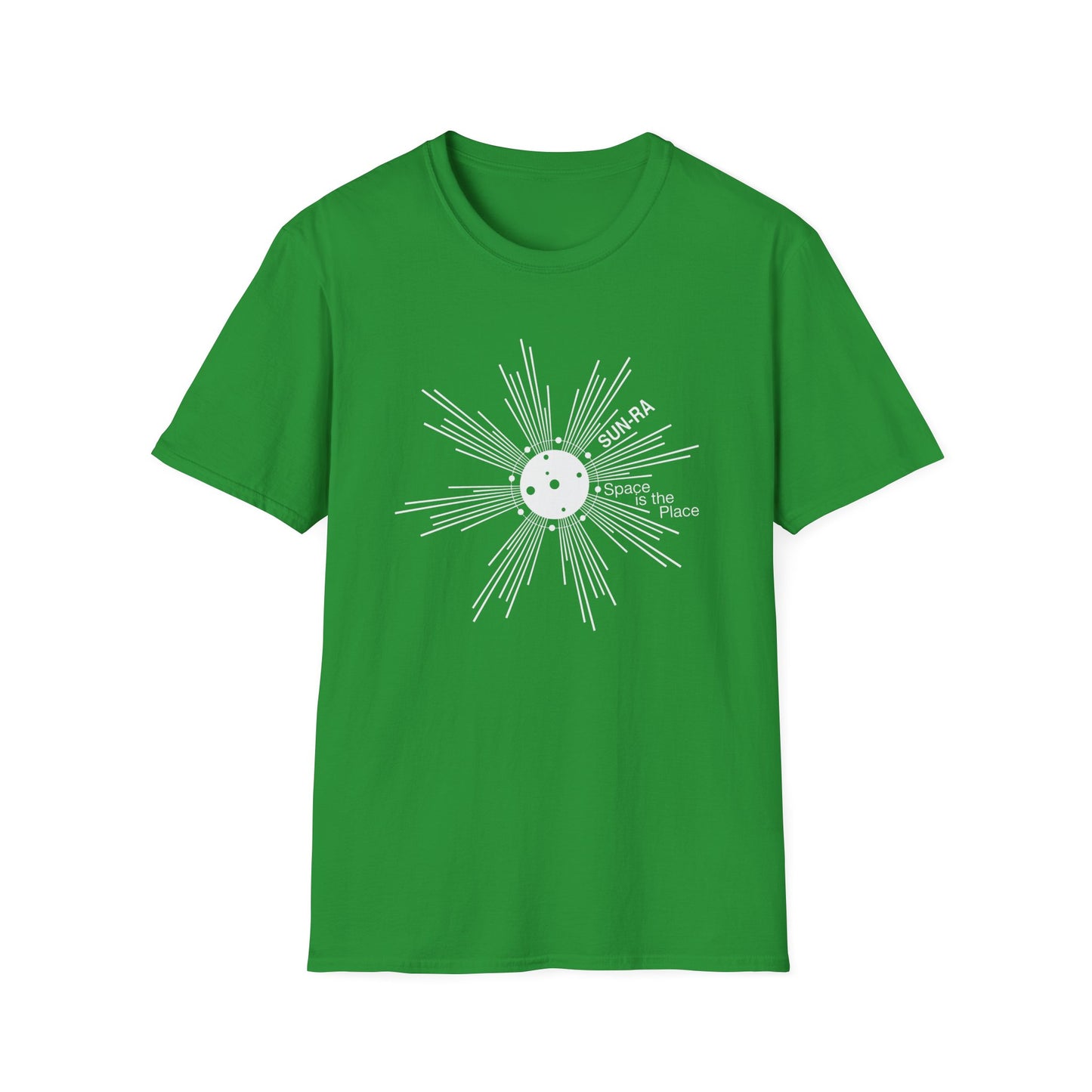 Green t-shirt with Sun-Ra "Space is the Place" graphic.