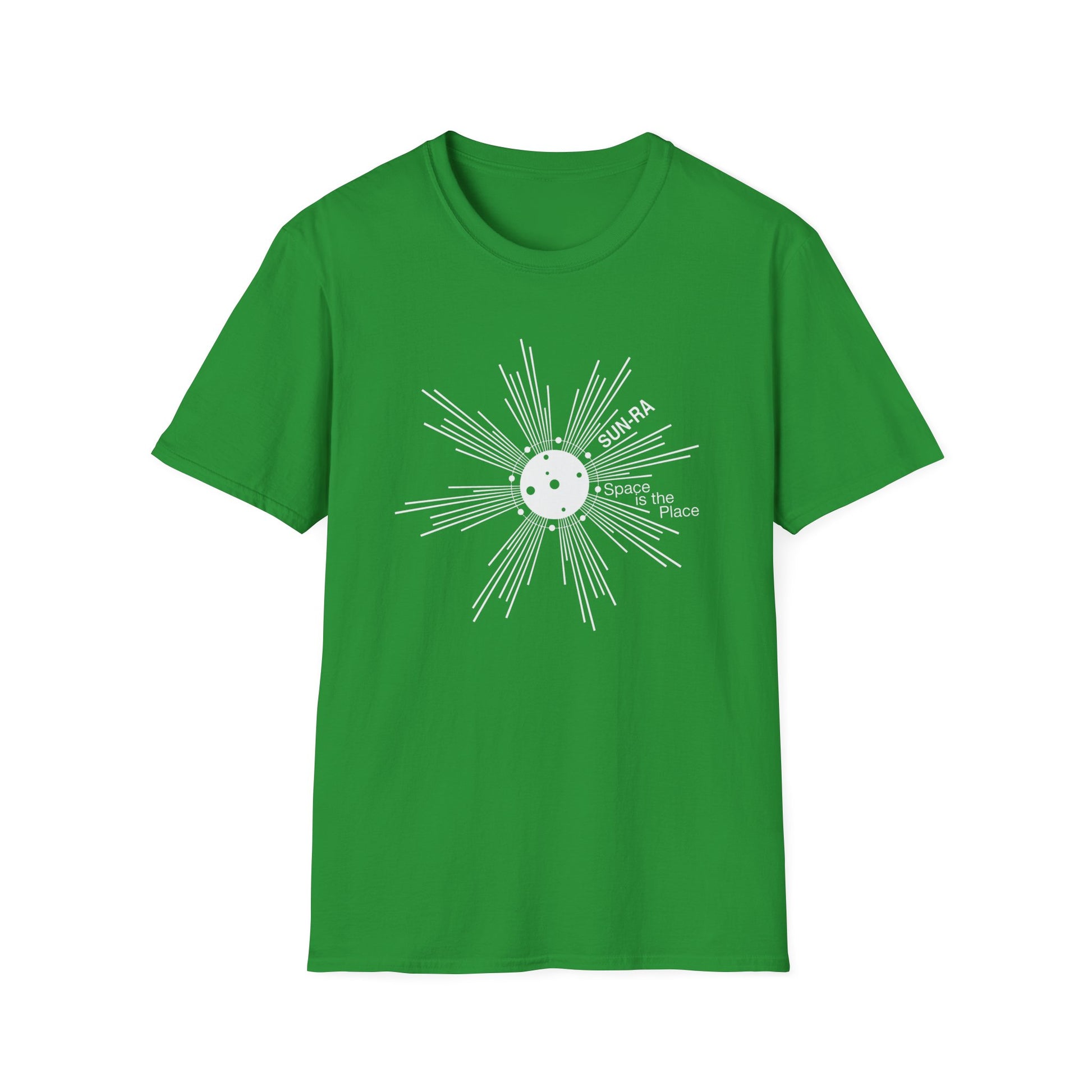 Green t-shirt with Sun-Ra "Space is the Place" graphic.