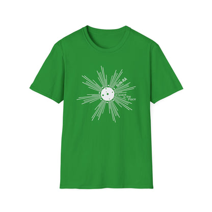 Green t-shirt with Sun-Ra "Space is the Place" graphic.