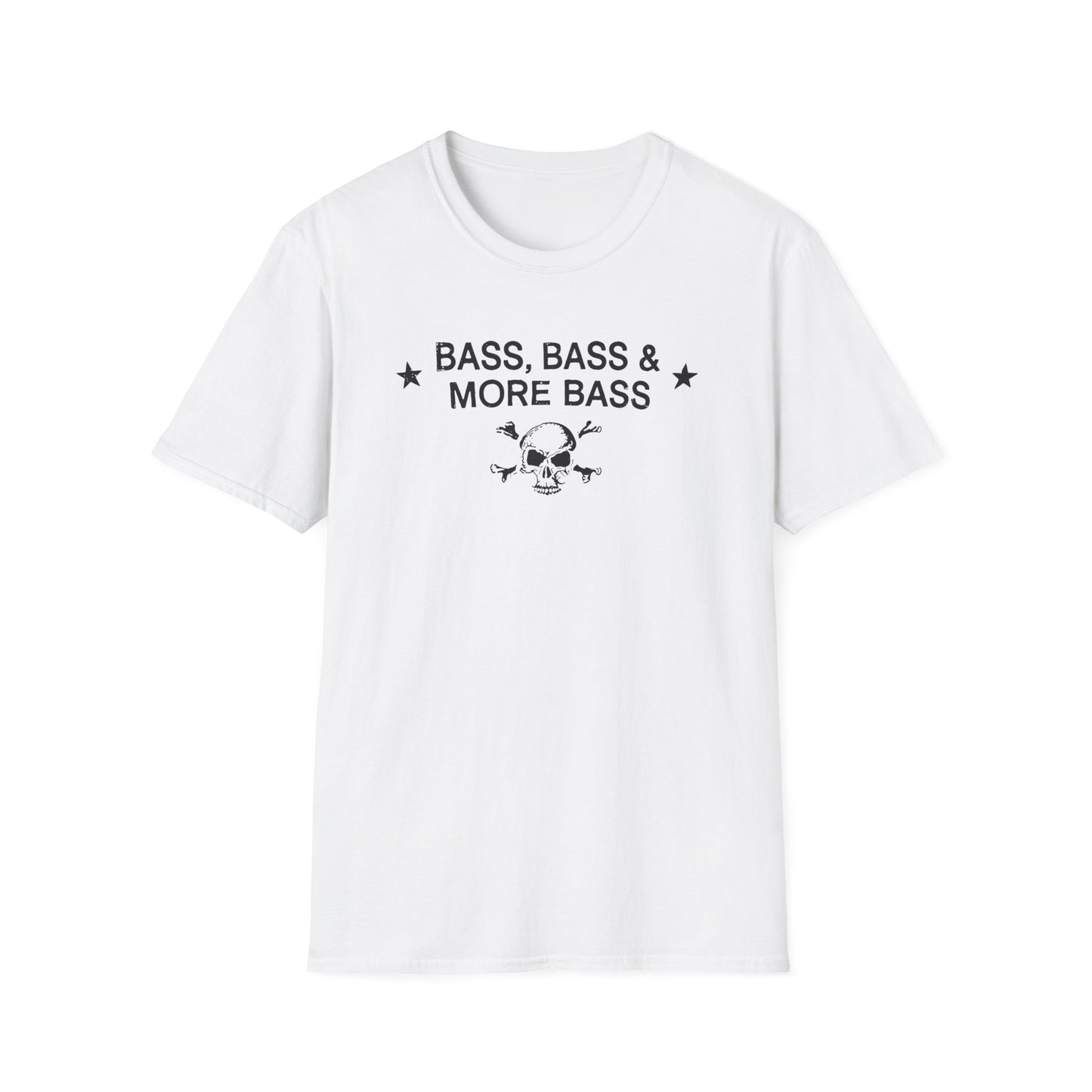 White t-shirt with black text "BASS, BASS & MORE BASS" and skull graphic.