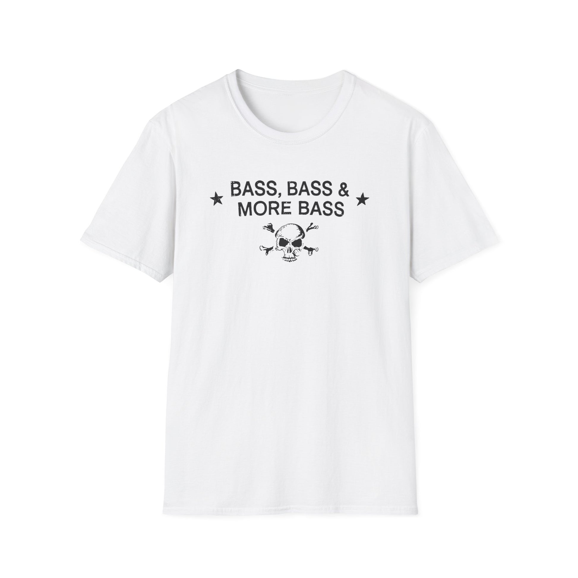 White t-shirt with black text "BASS, BASS & MORE BASS" and skull graphic.