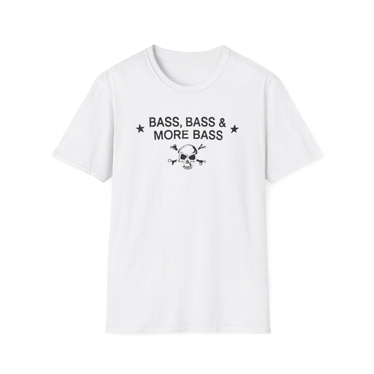 White t-shirt with black text "BASS, BASS & MORE BASS" and skull graphic.