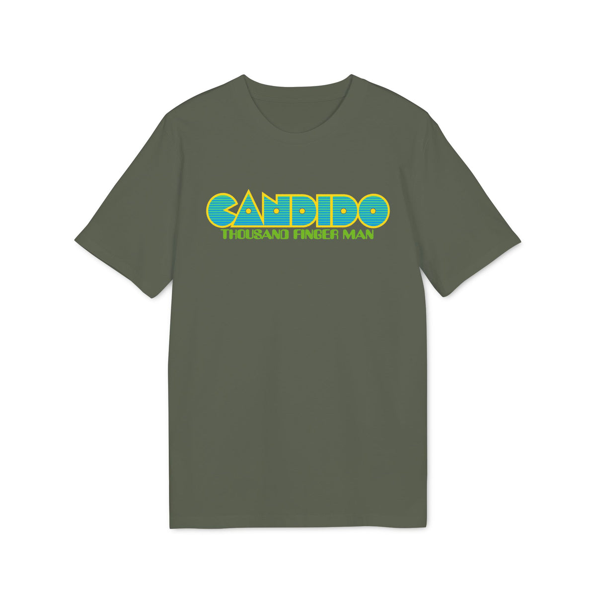 An olive green crewneck t-shirt featuring the blue, yellow, and green Candido Thousand Finger Man graphic.