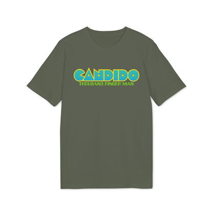 An olive green crewneck t-shirt featuring the blue, yellow, and green Candido Thousand Finger Man graphic.