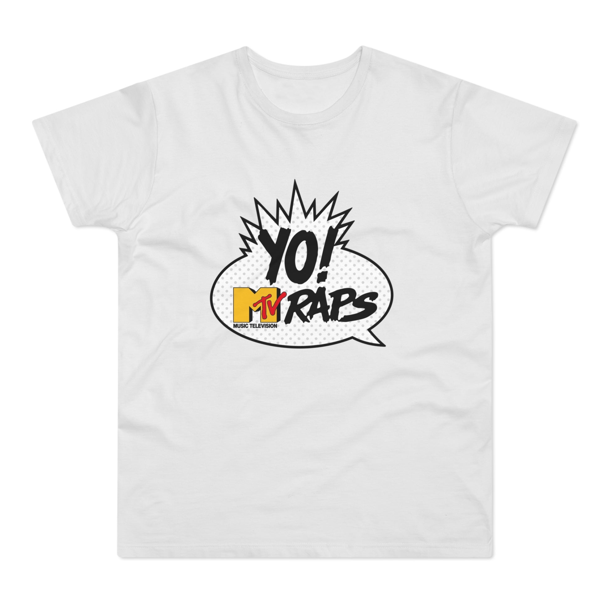 White t-shirt with "Yo! MTV Raps Music Television" graphic in a speech bubble.