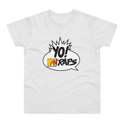 White t-shirt with "Yo! MTV Raps Music Television" graphic in a speech bubble.