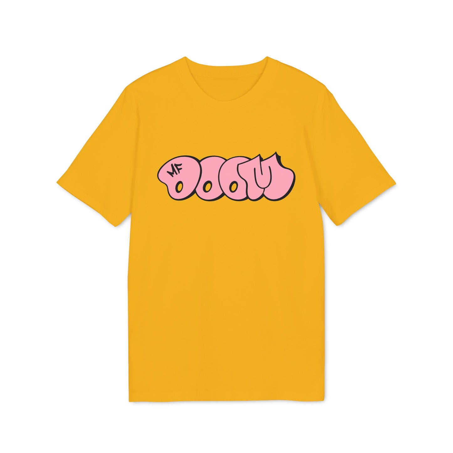 Yellow t-shirt with pink "MF DOOM" graffiti-style text logo.