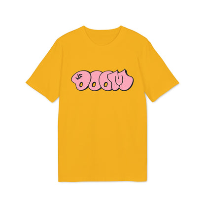 Yellow t-shirt with pink "MF DOOM" graffiti-style text logo.
