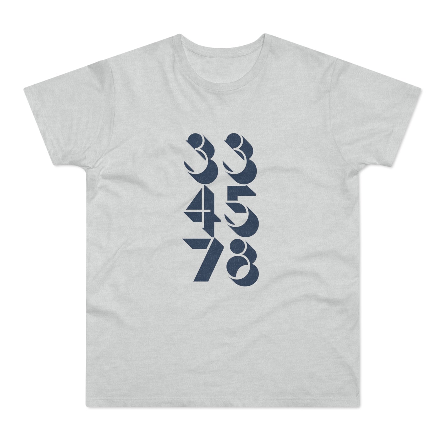 Light grey t-shirt with a dark blue graphic of stacked numbers 3, 4, 5, 7, 8.