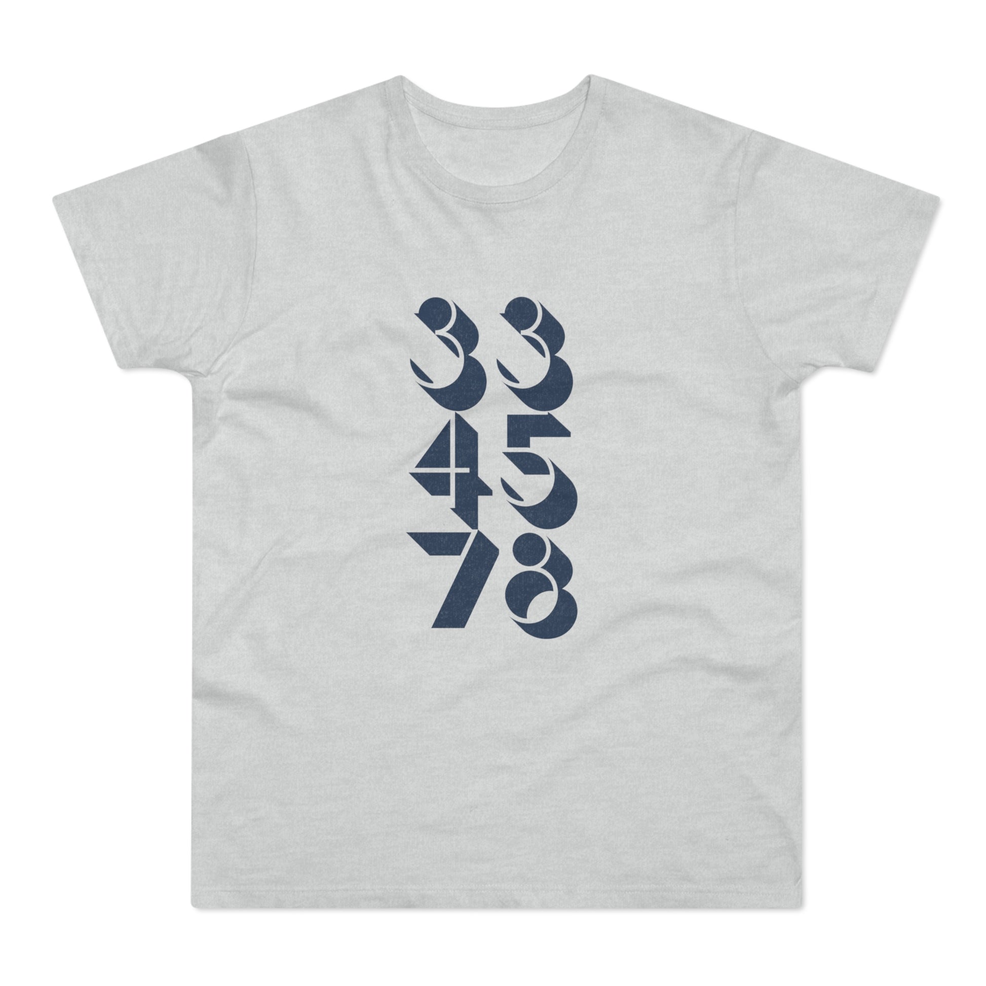 Light grey t-shirt with a dark blue graphic of stacked numbers 3, 4, 5, 7, 8.