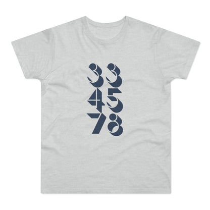 Light grey t-shirt with a dark blue graphic of stacked numbers 3, 4, 5, 7, 8.