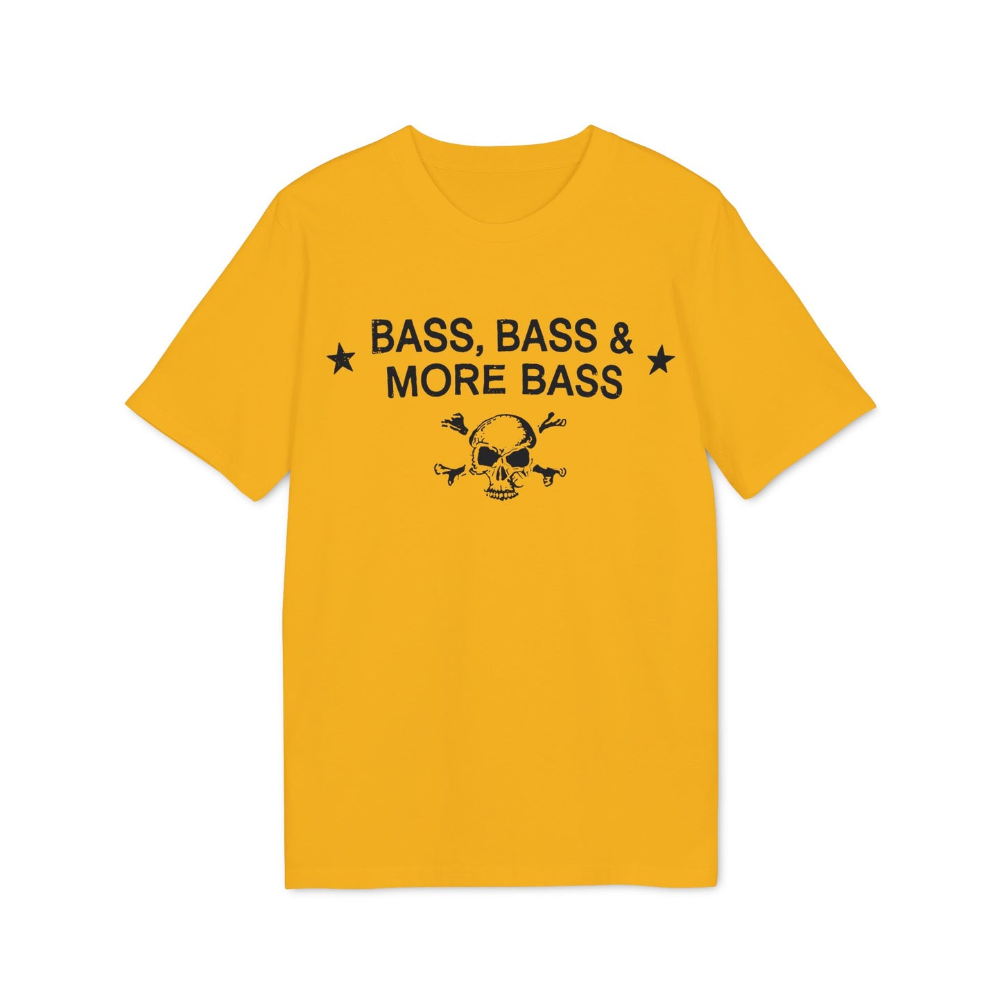 Yellow t-shirt with black text "Bass, Bass & More Bass" and skull graphic.