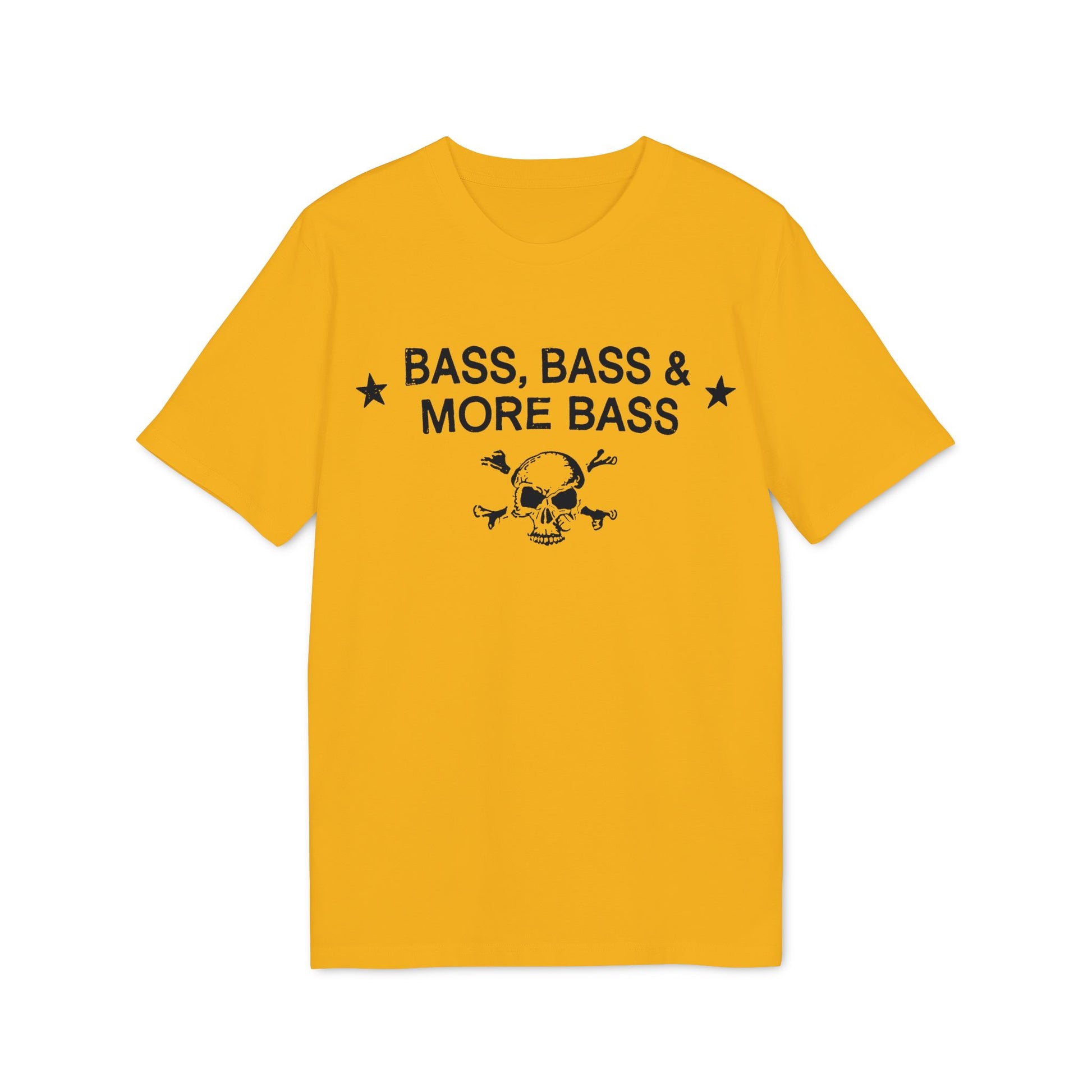 Yellow t-shirt with black text "Bass, Bass & More Bass" and skull graphic.