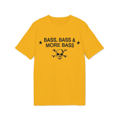 Yellow t-shirt with black text "Bass, Bass & More Bass" and skull graphic.