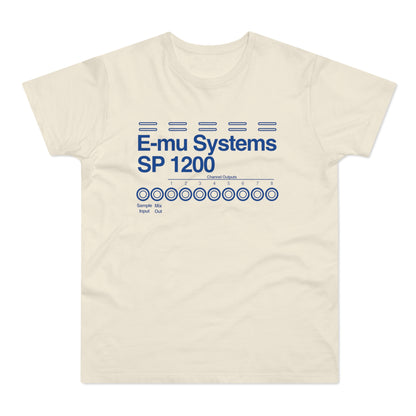 Cream t-shirt with "E-mu Systems SP 1200" and channel outputs graphic.