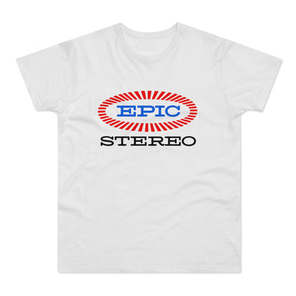 White t-shirt with EPIC STEREO logo in red and blue oval graphic.