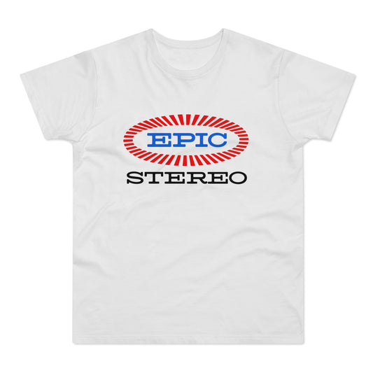 White t-shirt with EPIC STEREO logo in red and blue oval graphic.