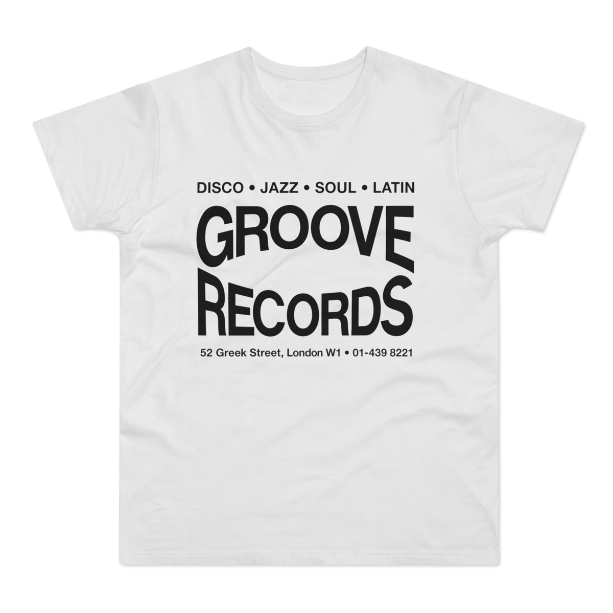 White t-shirt with black text "Groove Records" and address.