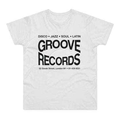 White t-shirt with black text "Groove Records" and address.