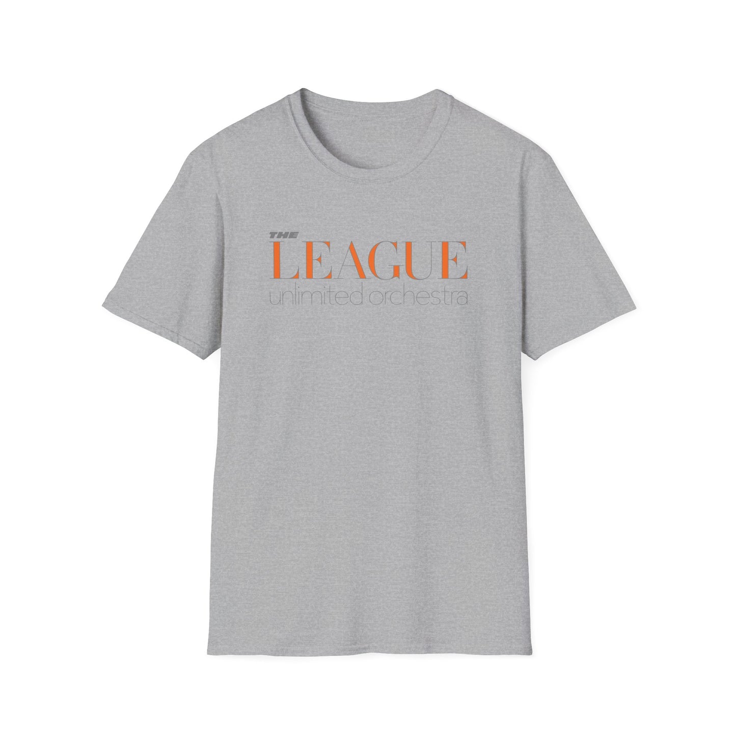 Grey t-shirt with "THE LEAGUE unlimited orchestra" graphic text.