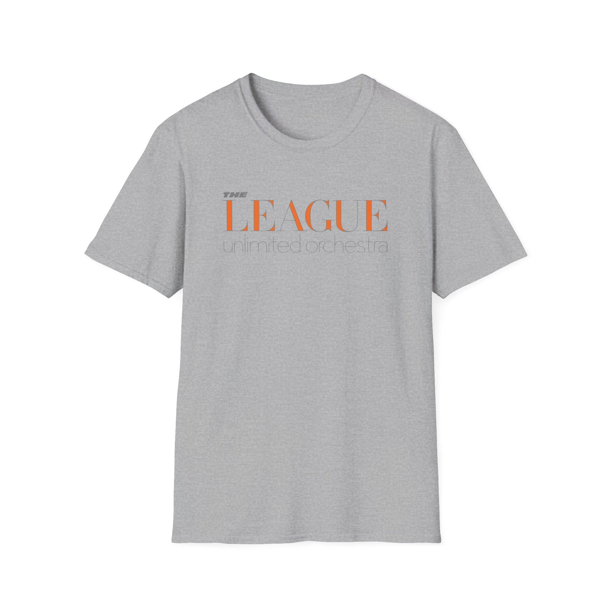 Grey t-shirt with "THE LEAGUE unlimited orchestra" graphic text.