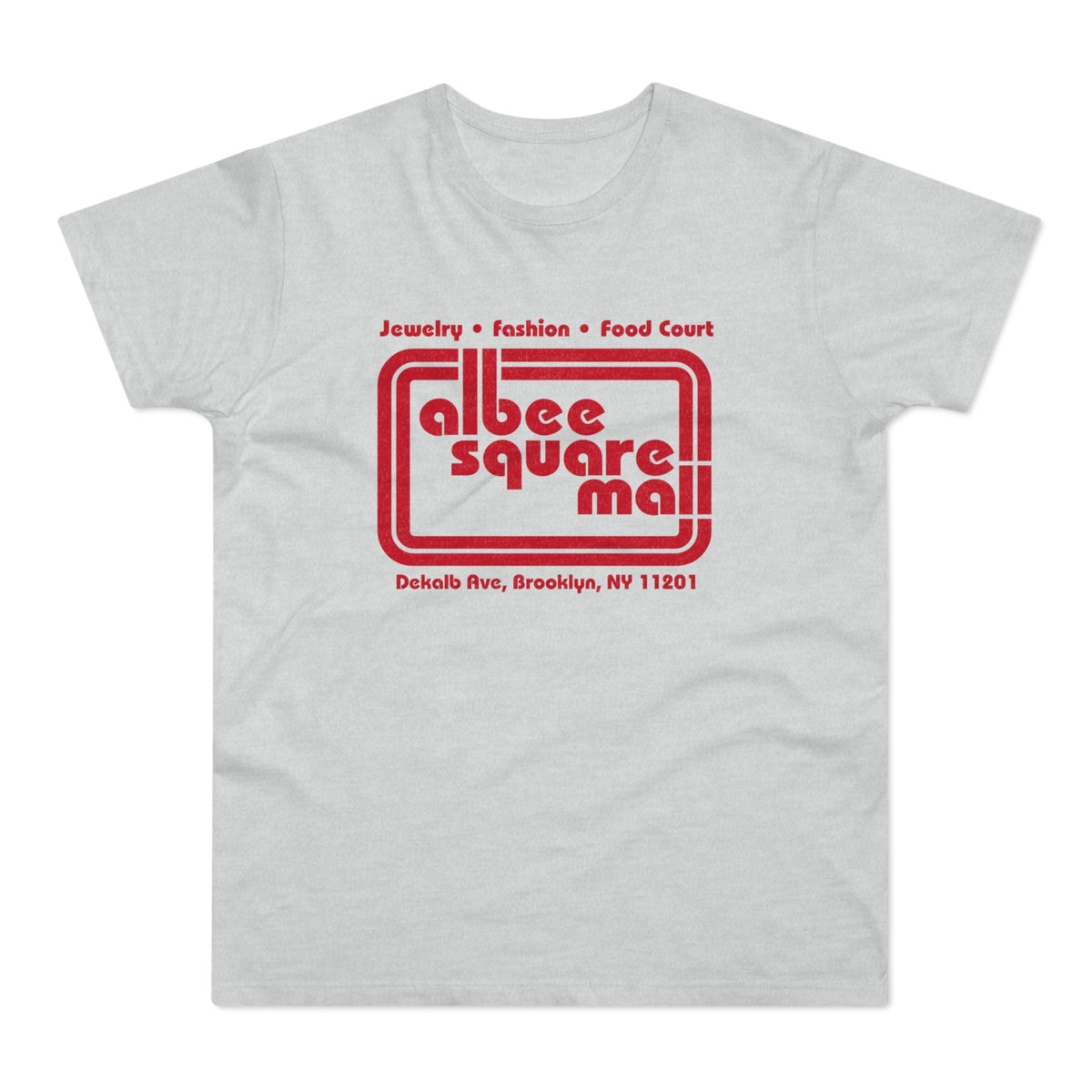 Light gray t-shirt with red Albee Square Mall logo and Brooklyn address.