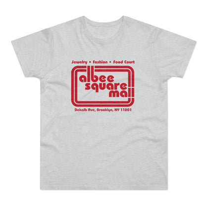 Light gray t-shirt with red Albee Square Mall logo and Brooklyn address.